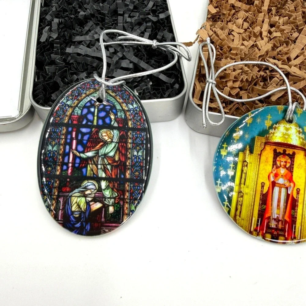 Set of 2 Religious Stained Glass Style Jesus Christ Nativity Ornaments with Tins